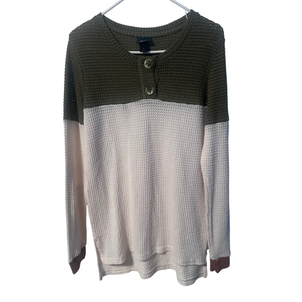Daytrip Henley Top Womens Small Olive‎ Green Colorblock Waffle